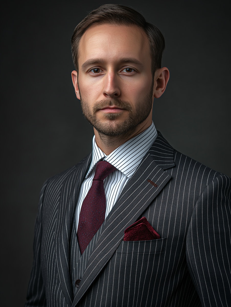british man in a black striped suit 
